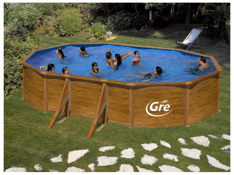 Ovaler Stahlpool „Pacific“ mit Holzoptik, 6,34 x 3,99 x 1,22 m – Grau